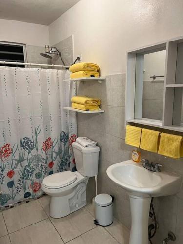 a bathroom with a toilet and a sink at Playa y Campo Studio in Isabela