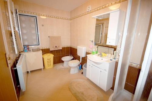 een badkamer met een toilet, een wastafel en een spiegel bij Family friendly apartments with a swimming pool , Krk - 20500 in Malinska