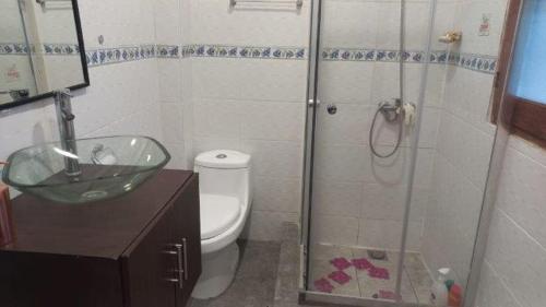 y baño con lavabo de cristal y aseo. en HABITACIÓNES PRIVADAS EN HERMOSA CASA DE CAMPO MALLOA, en Malloa