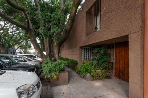 a building with cars parked in front of a tree at Suite 1-A Monasterio Garden House Welcome to San Angel in Mexico City
