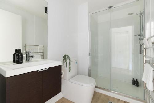 La salle de bains est pourvue de toilettes et d'une douche en verre. dans l'établissement Skyline Suite, à Queenstown