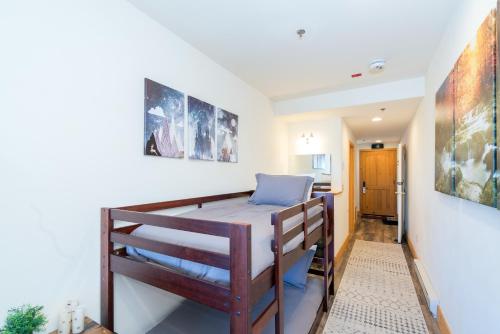 特柳賴德的住宿－Bear Creek Lodge 309C Hotel Room，墙上画作的宿舍间内的一张双层床