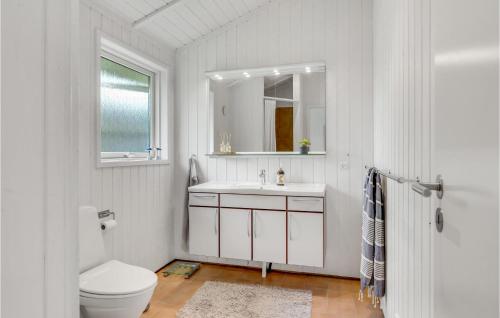 ein Badezimmer mit einem WC, einem Waschbecken und einem Spiegel in der Unterkunft Beautiful Home In Jgerspris With Wifi in Jægerspris