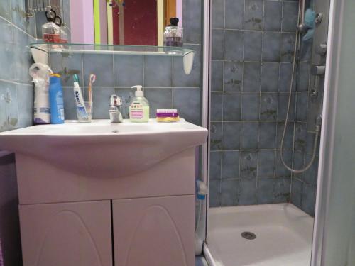 une salle de bain avec un lavabo et une douche dans l'établissement Studio cabine à Sète avec terrasse, parking et proche plage - FR-1-338-375, à Sète