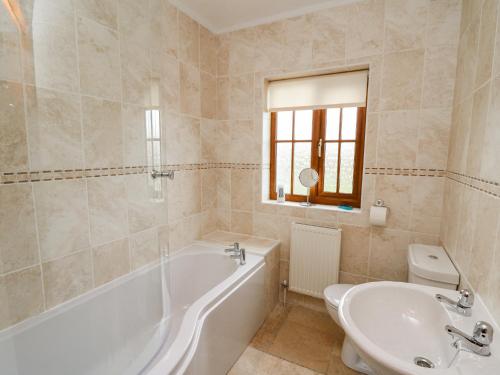 a bathroom with a tub and a toilet and a sink at Llaethdy in Cardigan