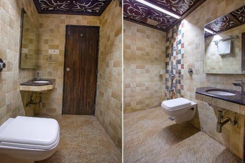two pictures of a bathroom with a toilet and a sink at Hotel Shivani Residency - Mira Road in Mumbai