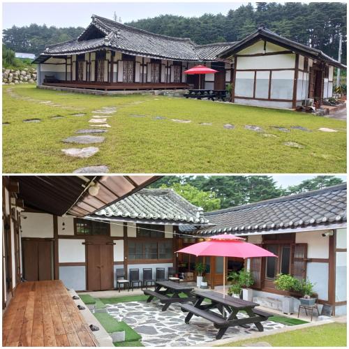 two pictures of a house with a picnic table in front of it at Hakdong Hanok Pension in Gangneung