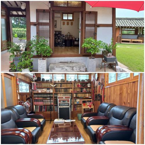 a living room with leather furniture and a library at Hakdong Hanok Pension in Gangneung