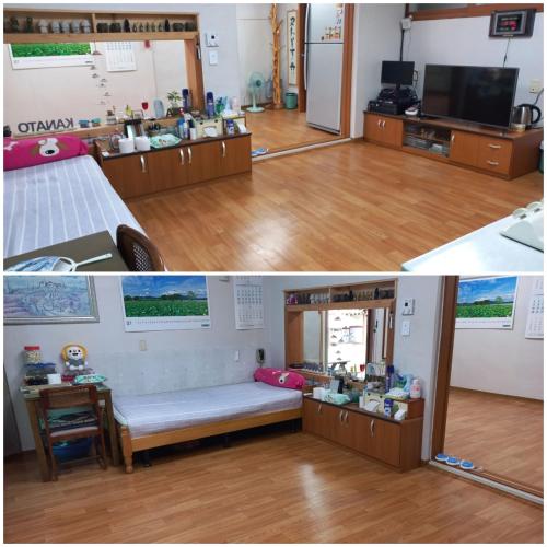 a room with a bed and a room with a table at Hakdong Hanok Pension in Gangneung