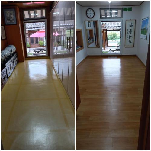 two pictures of a hallway with wood floors and a room at Hakdong Hanok Pension in Gangneung