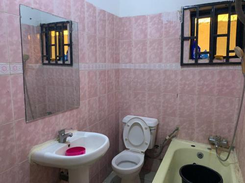 Baño rosa con lavabo y aseo en Ib Kay Apartments, en Abuja