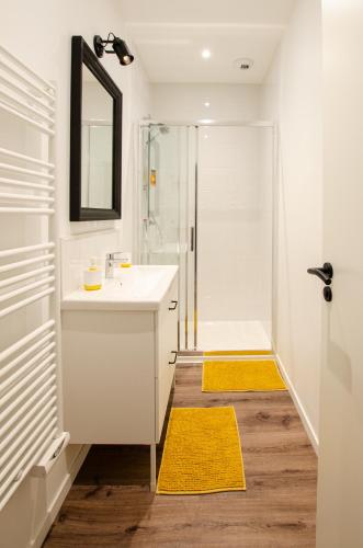 une salle de bain blanche avec un lavabo et une douche dans l'établissement Chill and sun, 2 chambres calme avec terrasse et parking, à Metz