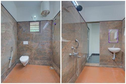 two pictures of a bathroom with a shower and a toilet at ART Resort & Farm House in Mahabalipuram