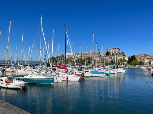 a bunch of boats are docked in a harbor at Appartamentino sul lago di Bolsena in Gradoli