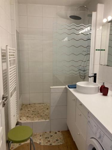 ein Bad mit einem Waschbecken und einer Dusche in der Unterkunft Appartement familial 92m2 avec terrasse vue mer in La Grande-Motte