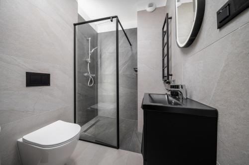 a bathroom with a shower and a toilet and a sink at CityCenterApartments-11/19 in Bielsko-Biala