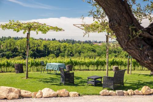 a picnic table and chairs in a field of grass at Le Mistral in Sommacampagna
