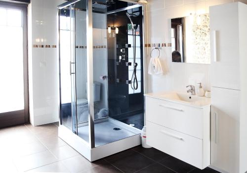une salle de bain avec une douche en verre et un lavabo dans l'établissement LA VERANDA DU CHATEAU MAISON NOBLE, à Caumont