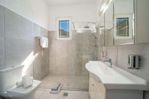 a bathroom with a shower and a sink and a toilet at Vasilakis Apartment in Sami