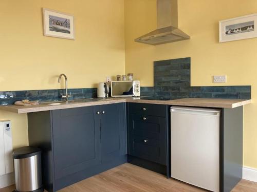 a kitchen with blue cabinets and a counter top at Beautiful one bed apartment with stunning sea view in Waterford