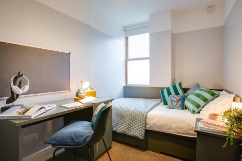 1 dormitorio con escritorio y 1 cama con escritorio en Griffith Halls of Residence, en Dublín