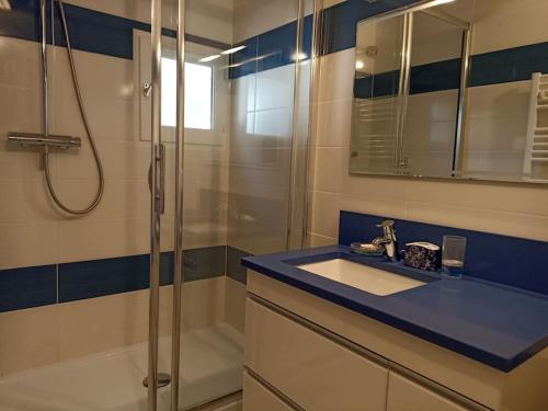 y baño con lavabo y ducha. en Beau duplex vue mer - terrasse - garage - wifi, en Sète