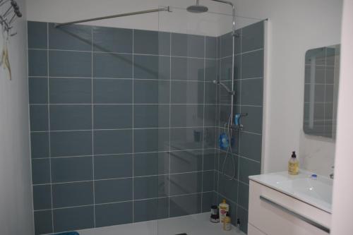 La salle de bains est pourvue d'une douche avec du carrelage bleu. dans l'établissement LES 2 CHENES, à Les Riffes