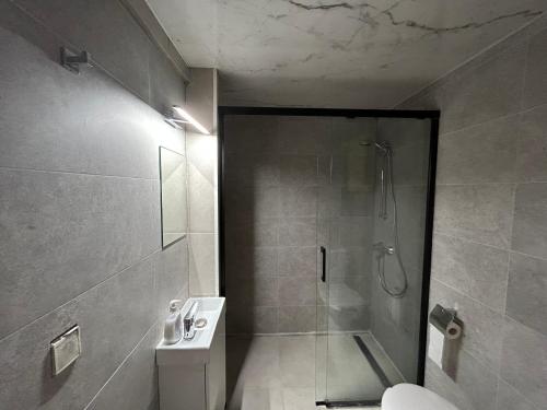 a bathroom with a shower and a toilet and a sink at Apartament Mickiewicza in Gdańsk