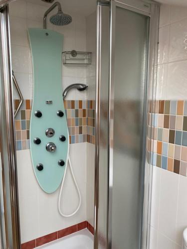 a shower in a bathroom with a snow board on the wall at Ave del Mar in Camariñas