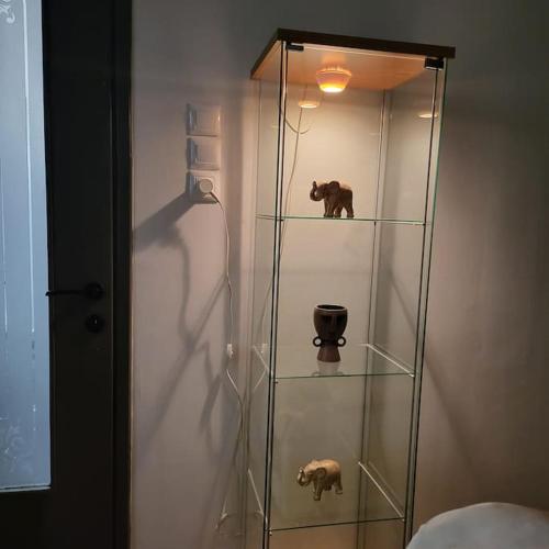 a glass shelf with a bear on top of it at GREAT APARTMENT IN VERIA in Veria