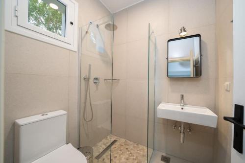 e bagno con doccia, servizi igienici e lavandino. di Seashell Luxury Residence - Studio 2 a Lixouri