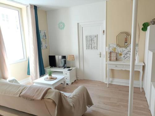 ein Wohnzimmer mit Sofa und Tisch in der Unterkunft Studio - Quartier des Halles avec Parking in Pau