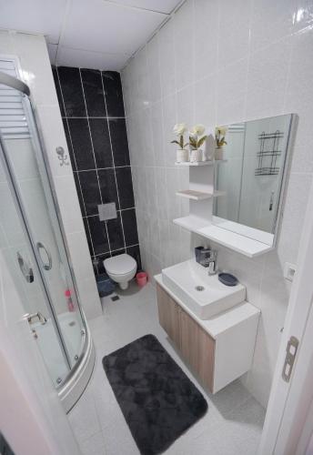 a bathroom with a sink and a toilet and a mirror at Classic Suite TS23 in Esenyurt