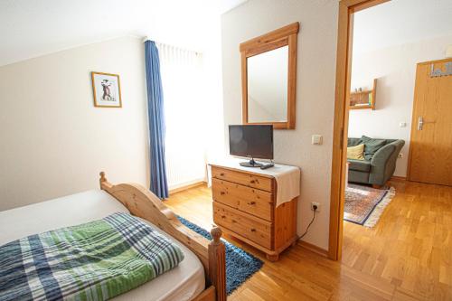 a bedroom with a bed and a television on a dresser at Landhaus Müden in Faßberg