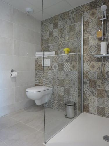 W łazience znajduje się toaleta i przeszklony prysznic. w obiekcie Villa Médicis Versailles Saint-Cyr-l'Ecole w mieście Saint-Cyr-lʼÉcole