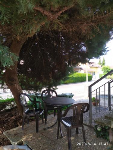 una mesa y sillas sentadas bajo un árbol en Fewo-Neschtle, en Vaihingen an der Enz