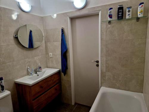 a bathroom with a sink and a toilet and a mirror at Slnečný byt v blízkosti historického centra Free Parking in Trenčín