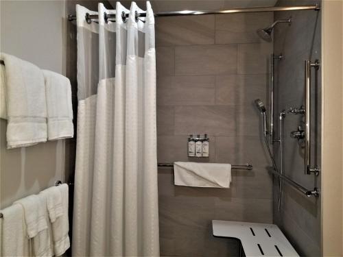 a bathroom with a shower with a white shower curtain at Holiday Inn Express Apex - Raleigh, an IHG Hotel in Apex