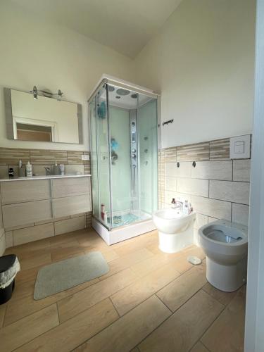 uma casa de banho com um chuveiro, um WC e um lavatório. em Soluzione indipendente in centro em Frosinone