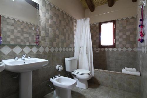 a bathroom with a sink and a toilet and a shower at Mirador Del Virrey, Cabañas Boutique in Purmamarca