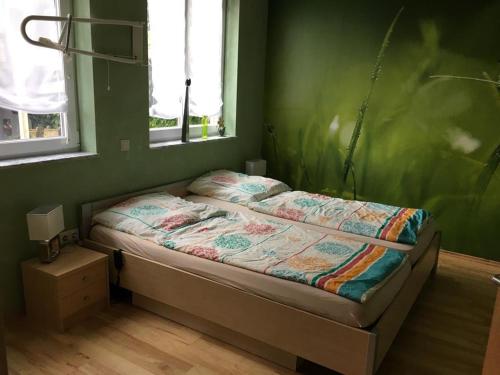a bed in a room with a green wall at Ferienwohnung Saarleuchtturm in Ayl