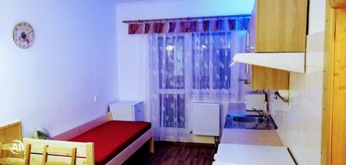 Cette petite chambre comprend un lit rouge et une fenêtre. dans l'établissement Penzion Svitavy, à Svitavy
