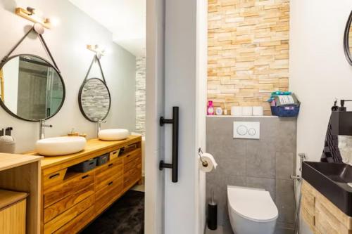 bagno con lavandino, servizi igienici e specchio di Maison des voyageurs Jade - PARIS ORLY a Choisy-le-Roi