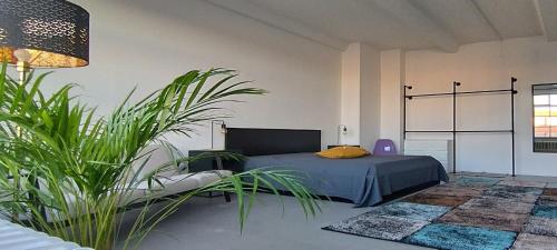 a bedroom with a bed and a plant at Loft 46 - Long And Shortstay in Berlin