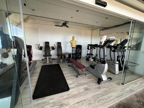 a gym with several tread machines and a glass wall at Tenerife Sur Habitación de Lujo in Adeje