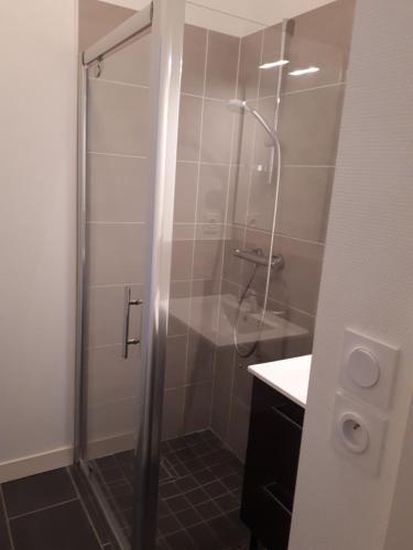 une douche avec une porte vitrée dans une salle de bain dans l'établissement STUDIO QUAIS 2 Les MINIMES, à La Rochelle