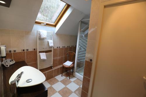 La salle de bains est pourvue d'un lavabo et d'une douche. dans l'établissement Logis Le Bourguignon, à Bèze
