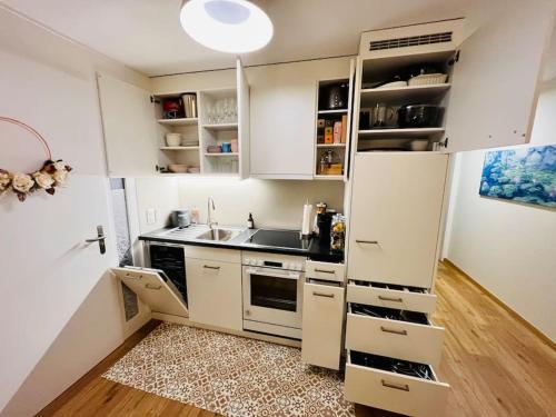 una pequeña cocina con armarios blancos y fregadero en Lakeside Apartment for Business and Leisure incl parking space en Cham