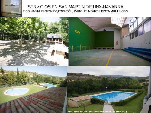 a collage of four pictures of a swimming pool at La Posadica Casa Aldabe in San Martín de Unx