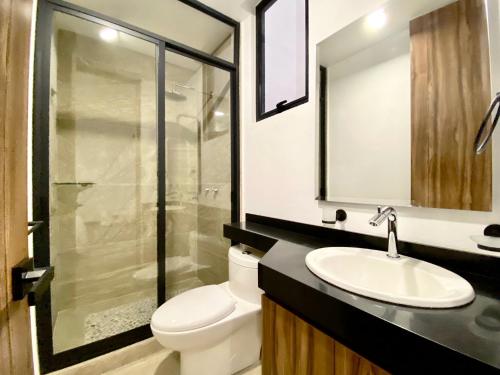 メキシコシティにあるFlats Friends Condesa-Pelotariのトイレ、洗面台、鏡のあるバスルーム